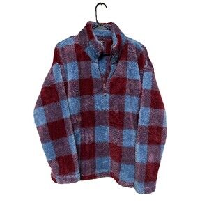 Eddie Bauer Women's Plush 1/4 Zip Pullover Plaid Blue Maroon Soft XL